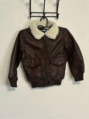 Boys 4t Brown Leather Bomber Jacket with Cream Sherpa Collar pilot motorcycle